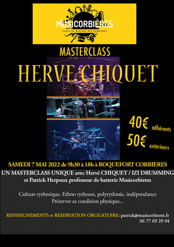 MASTERCLASS BATTERIE avec HERVE CHIQUET/IZI Drums et Patrick HERPOUX de Musicorbieres